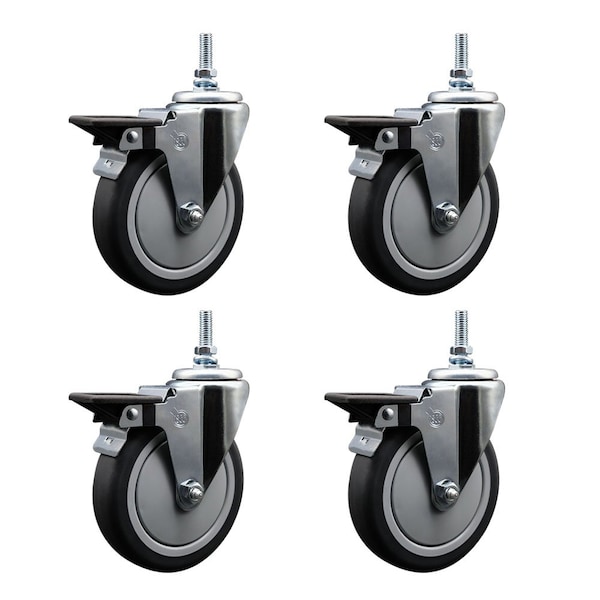 5 Inch Thermoplastic Rubber 12 MM Threaded Stem Caster Set with Brake